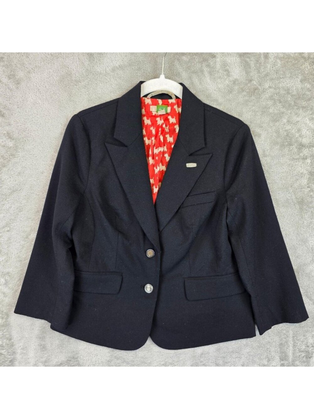 Ett Twa Blazer Womens 4 Black Wool Dog Print Lining Elbow Patch Two Button